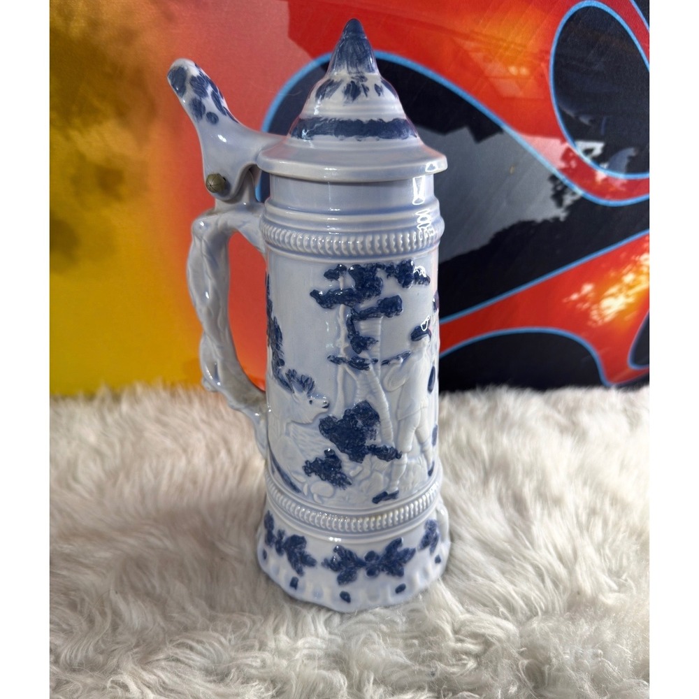 Vintage Holland‎ Mold Blue White Ceramic Beer Stein Lidded Tankard Relief Design